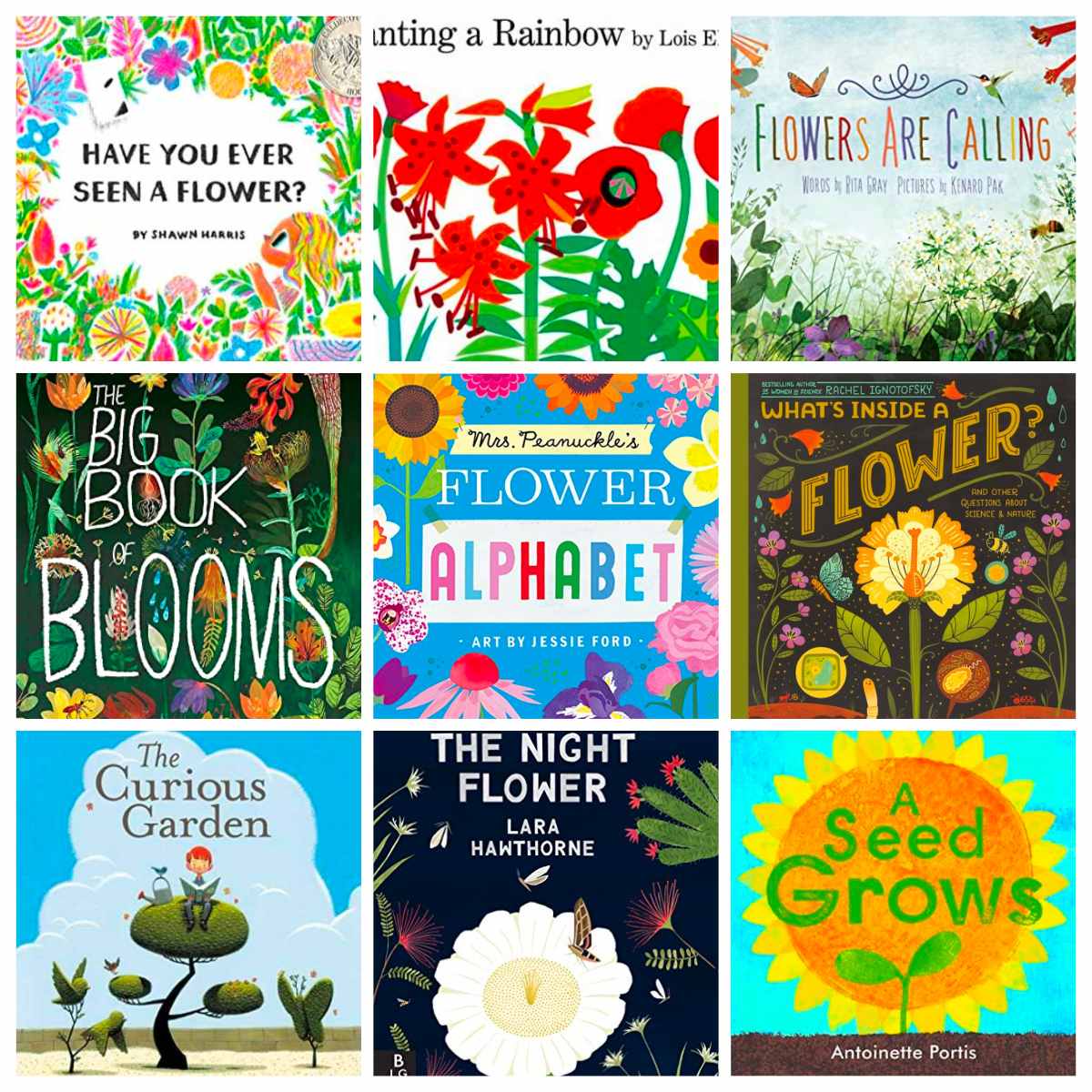 The covers of 9 wonderful children's books about flowers.