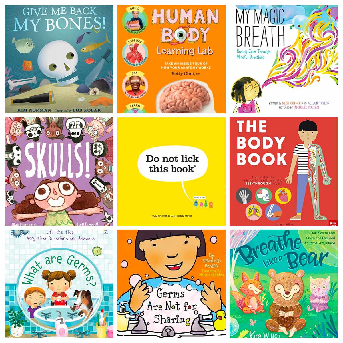 A collage of the covers of nine children's health books. 